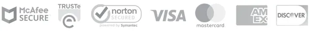 Secure checkout: McAfee Secure, TRUSTe, Norton, Visa, Mastercard, American Express, Discover